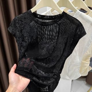 Sheer Lưới Ngắn Tay Áo Nữ Mùa Hè Mỏng Thoáng Mát Cảm Thấy Lông Tơ Tay Crop Base Layer Top