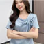 Áo sơ mi Satin nữ thanh lịch VN, áo sơ mi cổ cao ngắn tay, có dây buộc nơ, mượt mà, thích hợp cho công sở và mặc thường ngày.