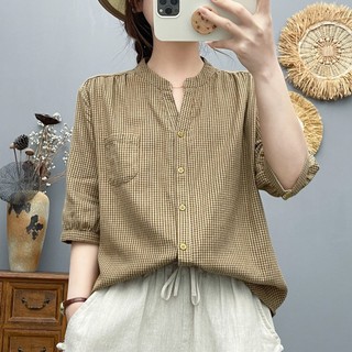 [Hàng có sẵn] Áo sơ mi nữ Cotton Cổ chữ V Kẻ sọc nhỏ tay vừa mùa hè Áo Skinny thường ngày mới