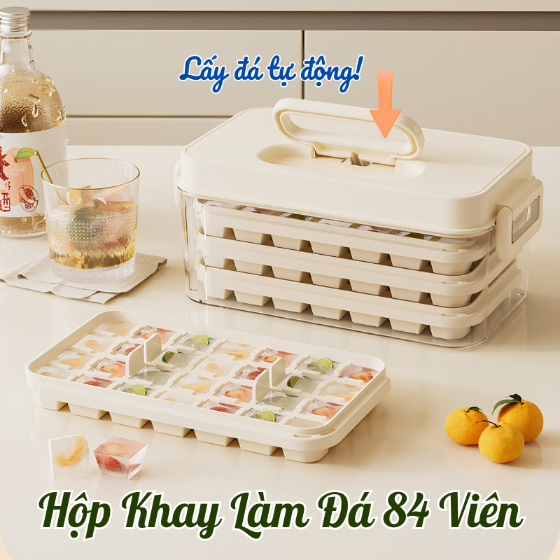 Hộp Khay Làm Đá 3 Lớp 84 Viên Lấy Đá Tự Động DINO – Khay Đá Có Nắp Kèm Hộp Đựng Tiện Lợi, Lấy Đá Nhanh Chóng