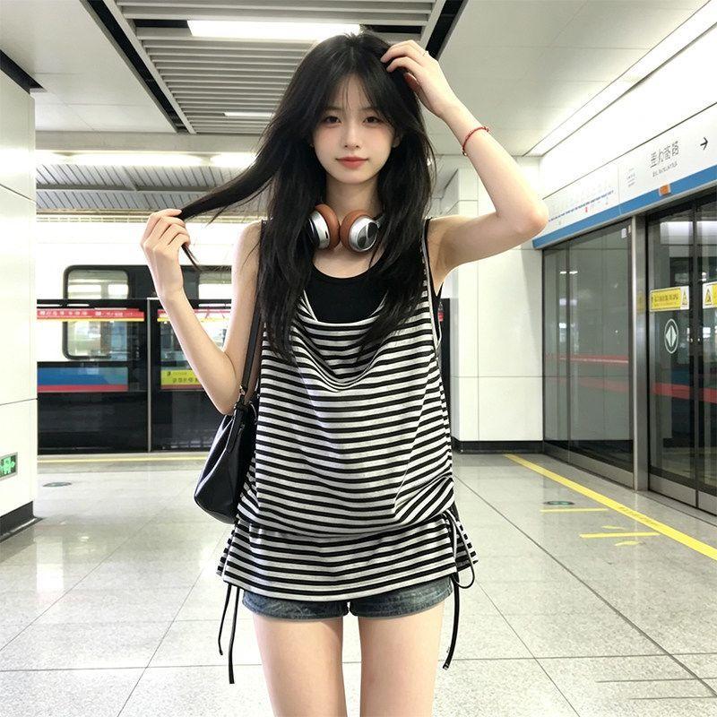 [Hàng mới về] Áo thun không tay sọc dáng rộng phong cách Hàn Quốc dành cho nữ mùa hè Phong cách mới dáng rộng dáng rộng mỏng hơn Áo Vest ngực hai @ -
