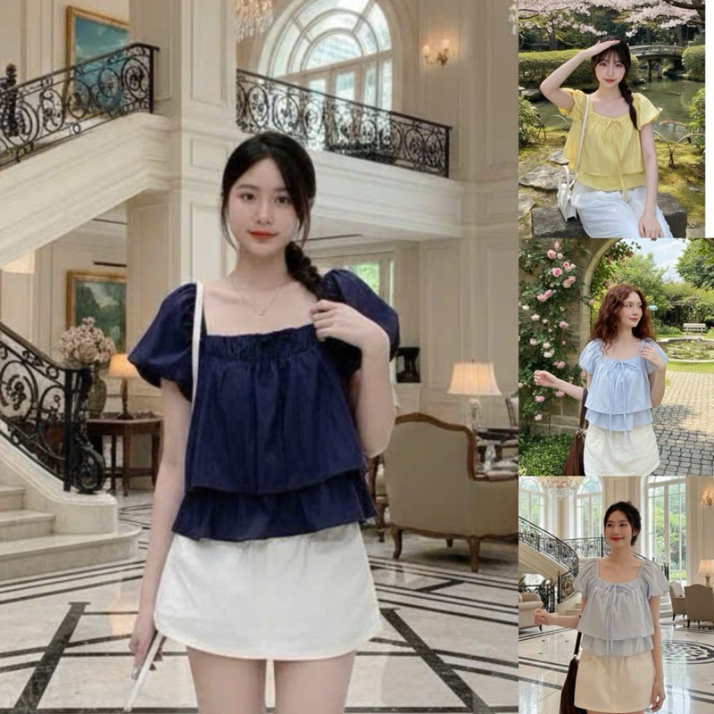 Áo babydoll dáng nữ tay phồng bí bèo hai lớp vổ v sang trọng BD63 - SamHi Closet