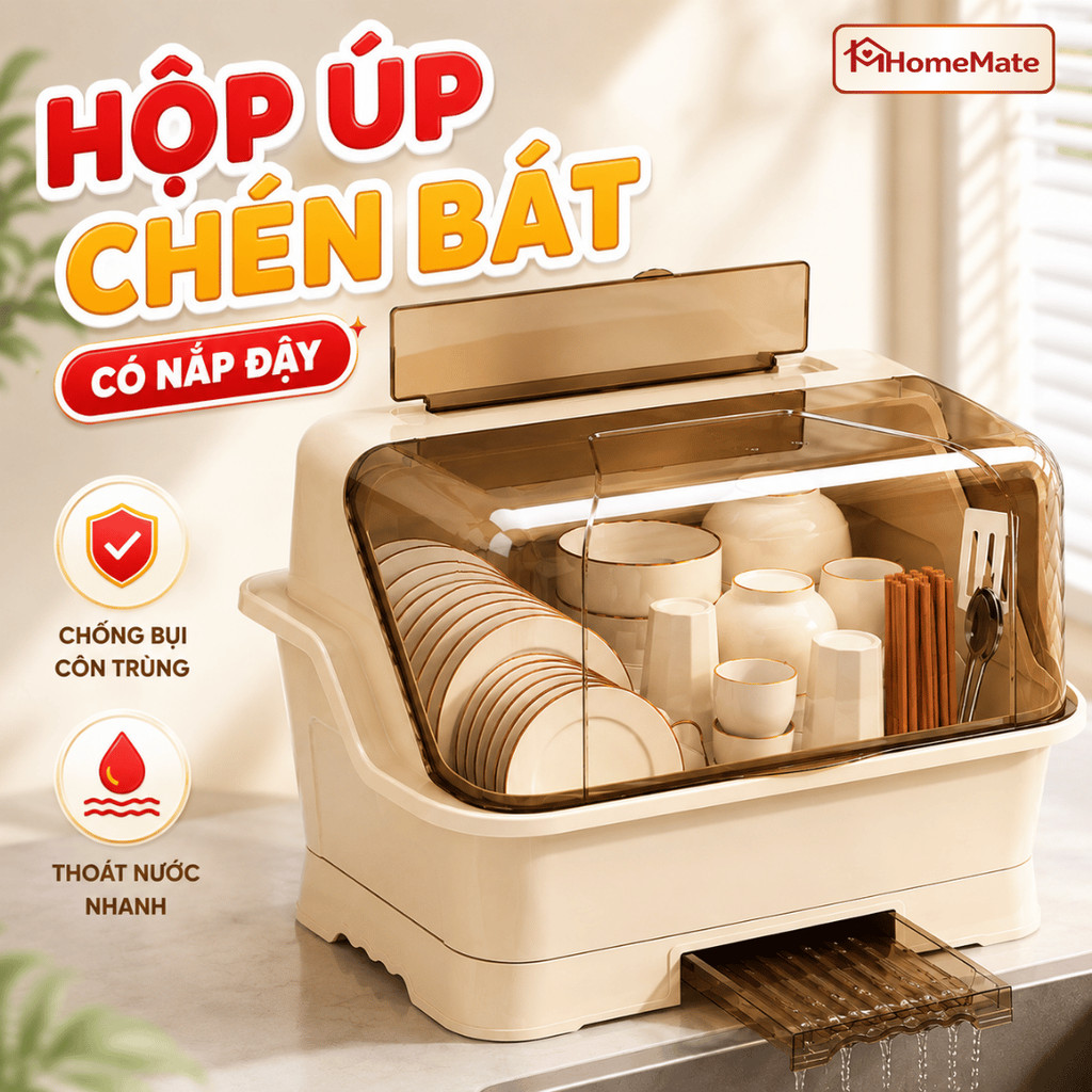 Hộp Úp Chén Bát Có Nắp Đậy HomeMate – Giá Để Bát Đĩa Chống Bụi Cỡ Lớn, Kệ Đựng Đũa Muỗng Thông Minh