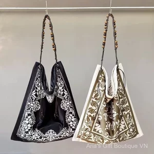 Khăn Lụa Pháp Hai Mặt In Nghệ Thuật Túi Tote Dung Tích Lớn Đi Lại Đính Hạt Vai Nách Túi Di Động Nữ