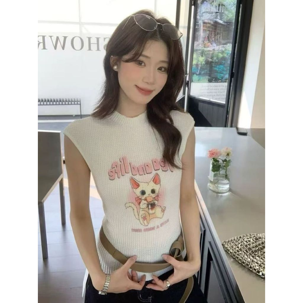 Áo sơ mi nữ phong cách Hàn Quốc, họa tiết mèo, dệt kim slim-fit phù hợp mùa hè