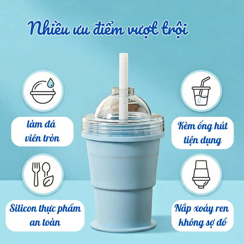 Cốc Gấp Gọn 2 Trong 1, Ly Silicon Gấp Gọn Kèm Ống Hút, Tích Hợp Làm Đá Viên, Nắp Kín Chống Đổ