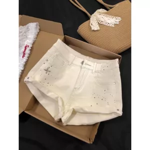 Quần Short Denim Chữ A Màu Off-White Eo Cao Dáng Siêu Ngắn Cho Mùa Hè