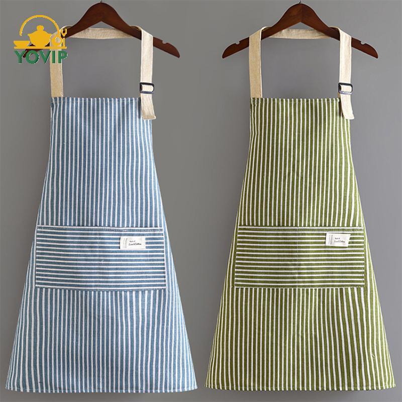 YOVIP Tạp Dề Không Tay Thoáng Khí Treo Ne Tạp Dề Nhà Hàng Vải Lanh Cotton Đặc Biệt Vệ Sinh Nhà Bếp Tạp Dề Sọc Dọc VN