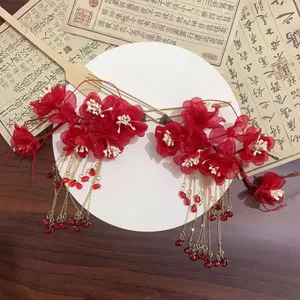 Siêu Cổ Tích Phong Cách Cổ Đại Hoa Nóng Mận Đỏ Phụ Kiện Tóc Công Nghiệp Nặng Tua Rua Bước Lắc Hanfu Kẹp Tóc Phong Cách Cổ Điển Mũ Mận