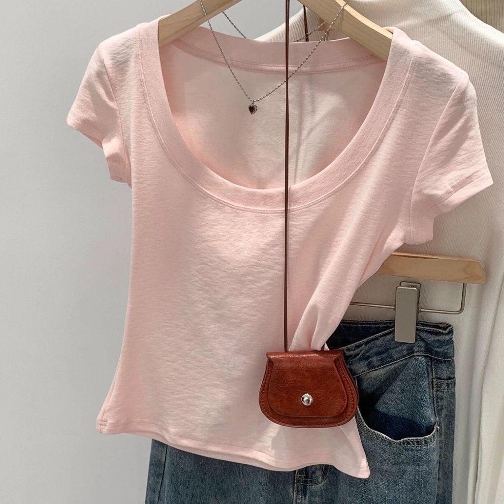 Áo thun ngắn cổ vuông phong cách Hàn Quốc, form slim fit, phù hợp cho nàng trendy