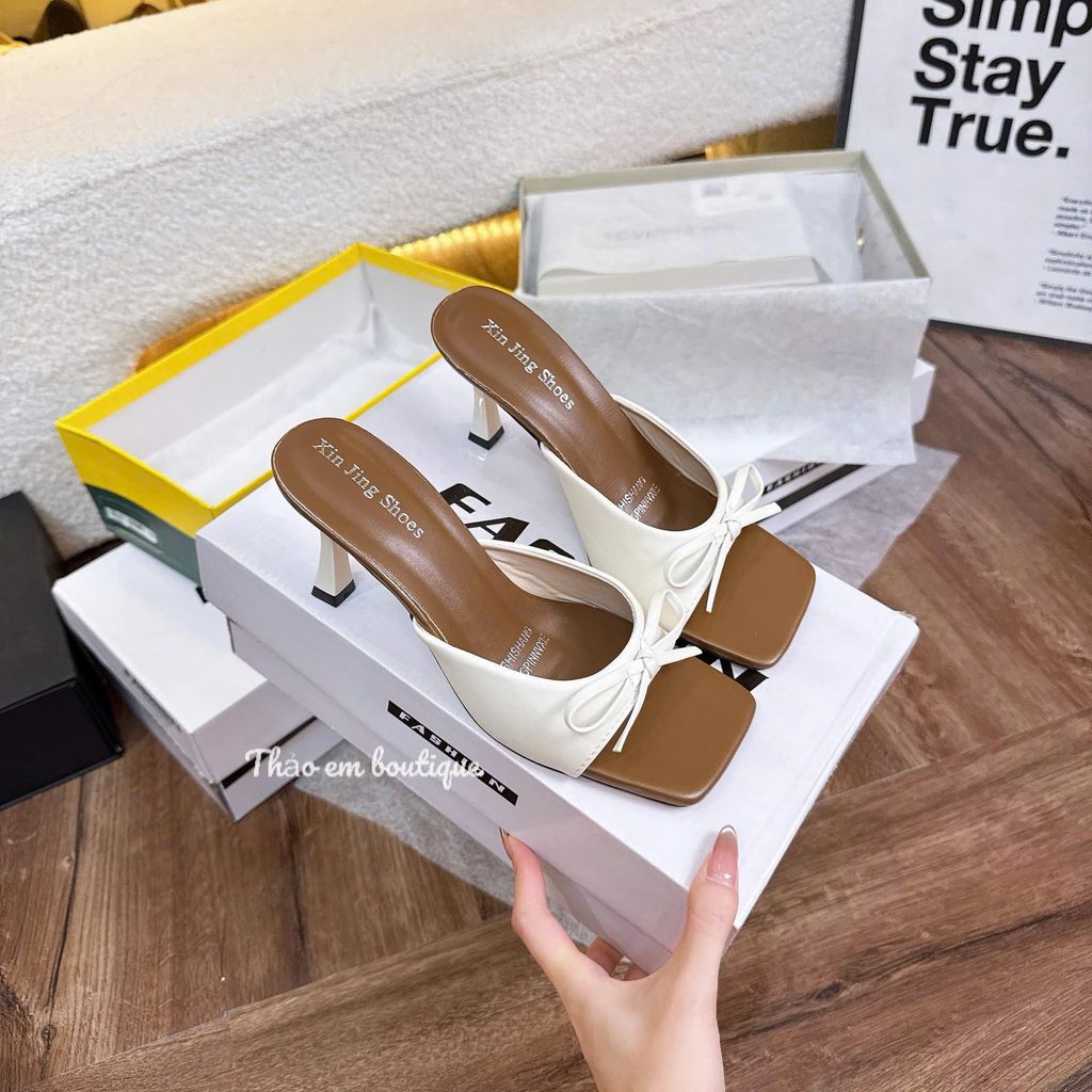 [Thảo Em- DC01] Dép cao gót hở mũi 5p mũi vuông lụa satin cao cấp