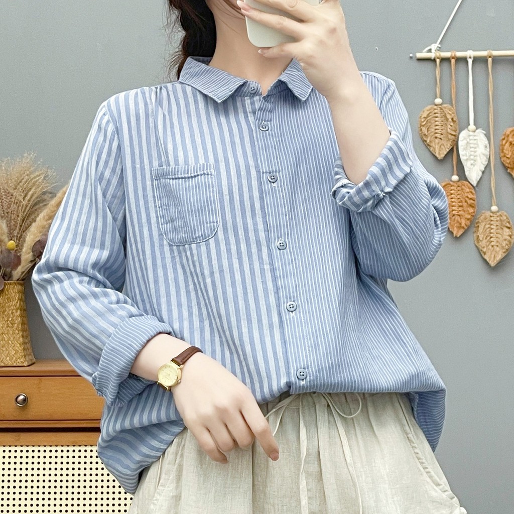 [Sẵn sàng] Áo sơ mi nữ cotton cao cấp, tay dài, phong cách retro, vải cotton nhuộm sợi mềm mại, thân thiện với da