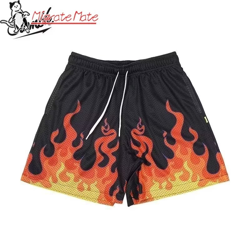 Quần short bóng rổ lưới in ngọn lửa dành cho nam khô nhanh thoáng khí
