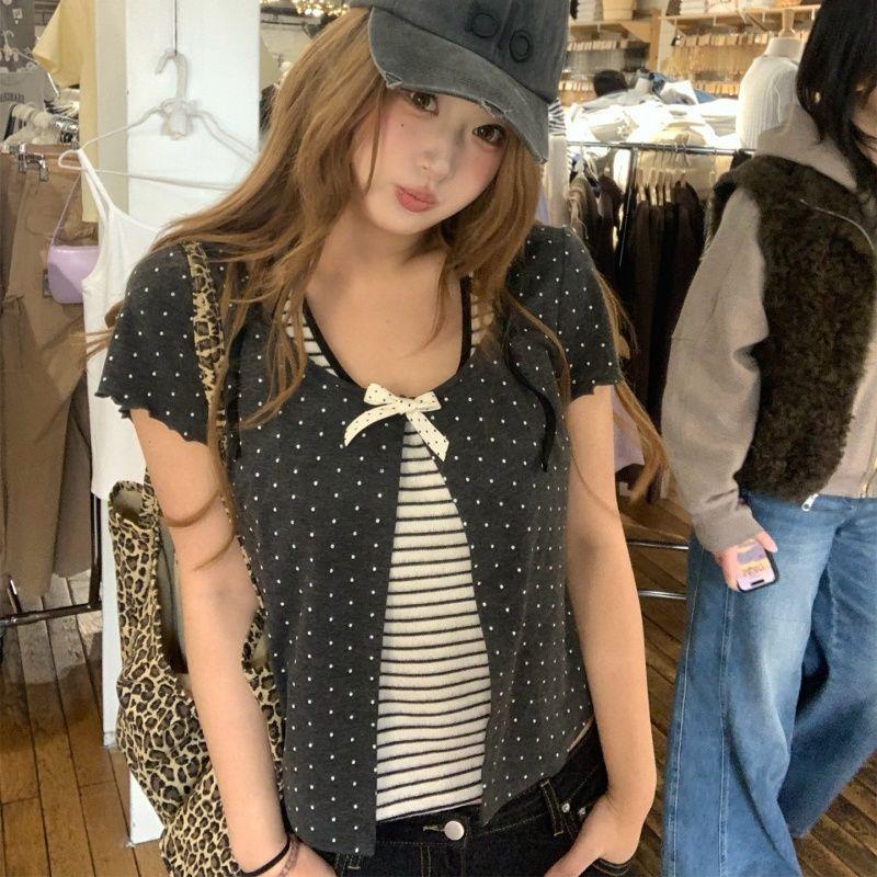 [Khuyến mãi trong thời gian có hạn] Size lớn Fat MM Polka Dot Áo thun ngắn tay hai mảnh giả mùa hè Phong cách mới Slim-Fit Bow Slimm