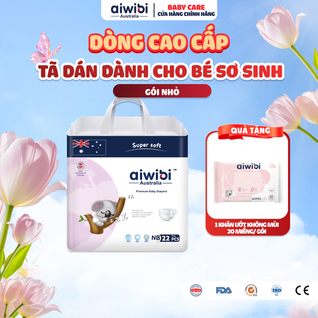 Tã/Bỉm Cho Trẻ Sơ Sinh Cao Cấp Aiwibi Siêu Thấm Hút, Chống Tràn - Gói New Born 22 Miếng