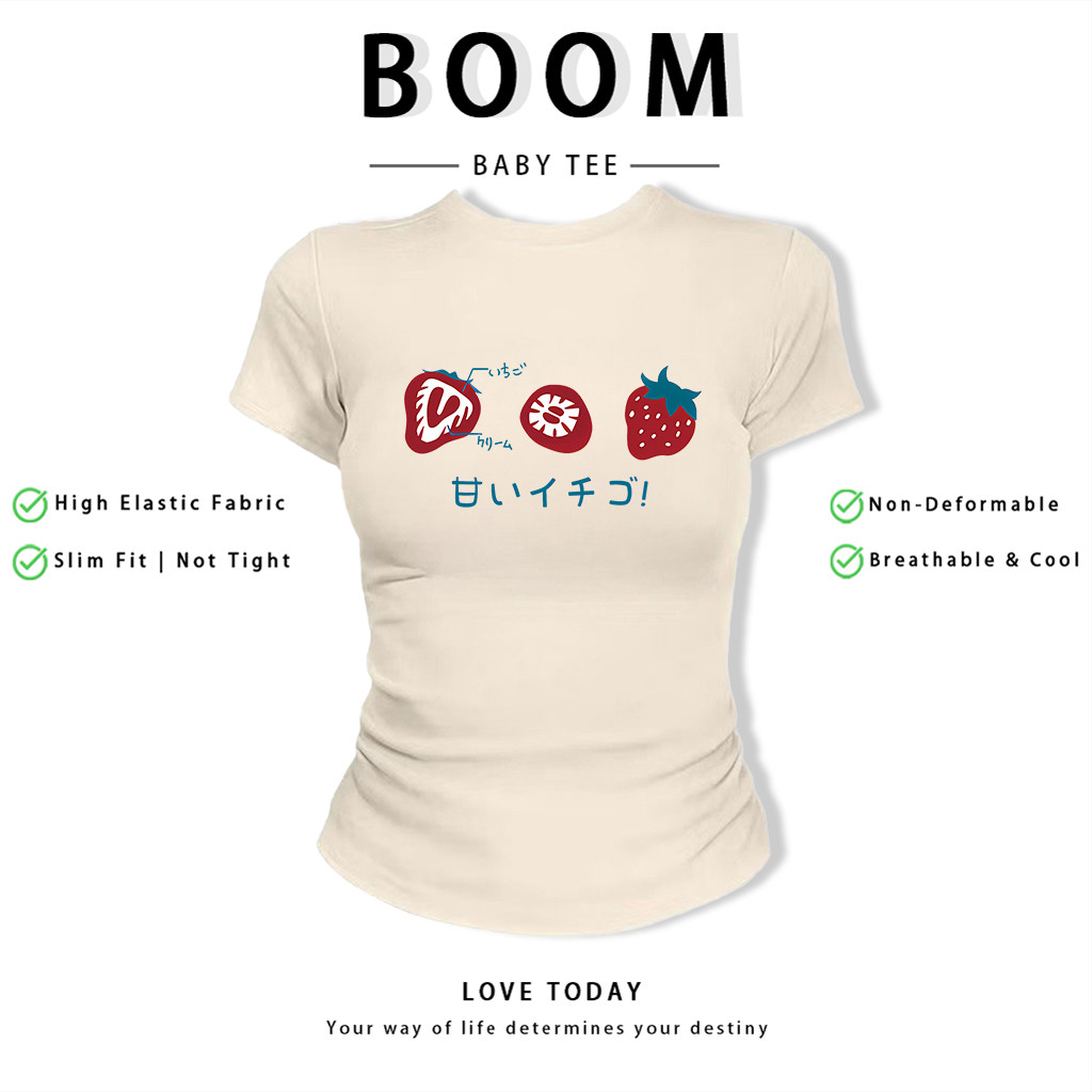 BOOM Áo Baby Tee Nữ Cotton Ôm Body-Áo Thun Ngắn Tay Y2K In Hình PhongCách Mùa Hè, Cổ Tròn Hàng Đầucách hàn quốc phongV02