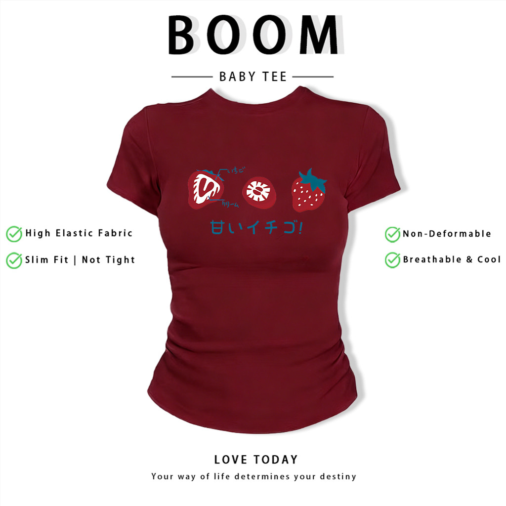 BOOM Áo Baby Tee Nữ Cotton Ôm Body-Áo Thun Ngắn Tay Y2K In Hình PhongCách Mùa Hè, Cổ Tròn Hàng Đầucách hàn quốc phongV02