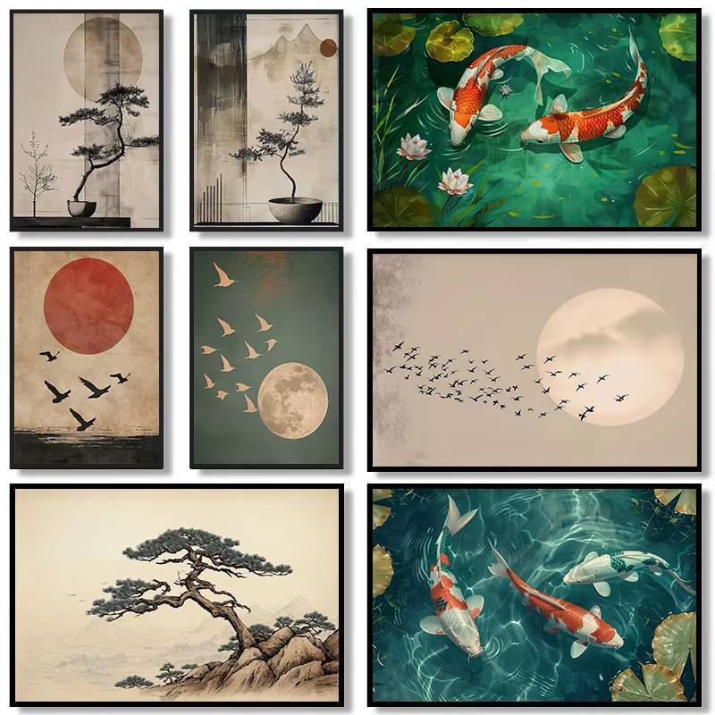 Nhật Bản Zen lấy cảm hứng từ cây thông koi hoàng hôn và chim Poster Không khung Tranh Canvas Trang trí tường nhà thanh lịch