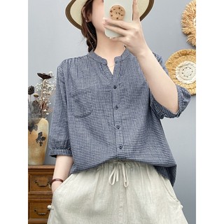 [Hàng có sẵn] Áo sơ mi nữ Cotton Cổ chữ V Kẻ sọc nhỏ tay vừa mùa hè Áo Skinny thường ngày mới