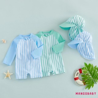 MG-Baby Bé Trai Rash Guard Đồ Bơi Đồ Chơi In Sọc Tay Dài Đồ Bơi Tập Đi Bộ Đồ Tắm Có Mũ Chống Nắng