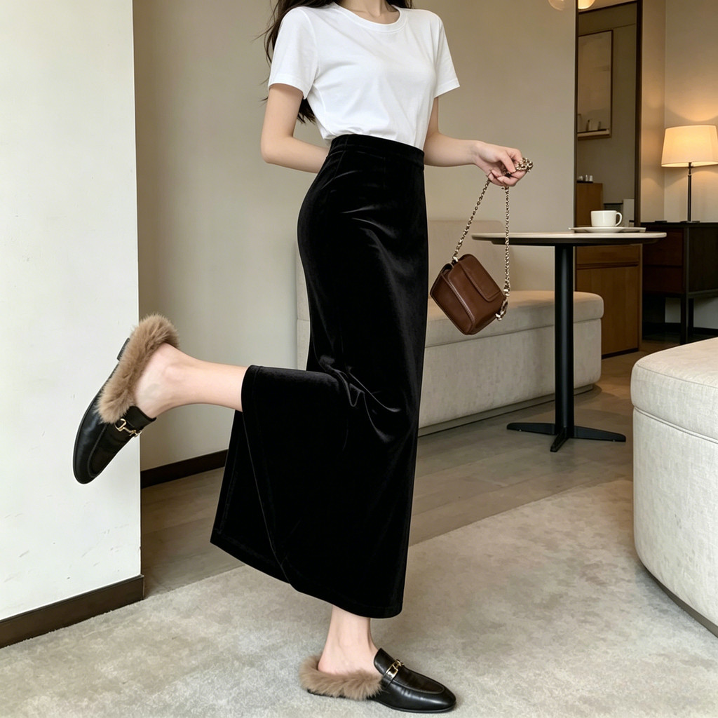 Váy nhung vàng Milyfashion retro với thiết kế xẻ eo cao và mông đen, phù hợp cho mùa thu đông.
