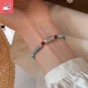 Tính khí cổ điển Bánh xe cầu nguyện màu ngọc lam 925 chúc may mắn cá tính Vòng tay nữ đa năng