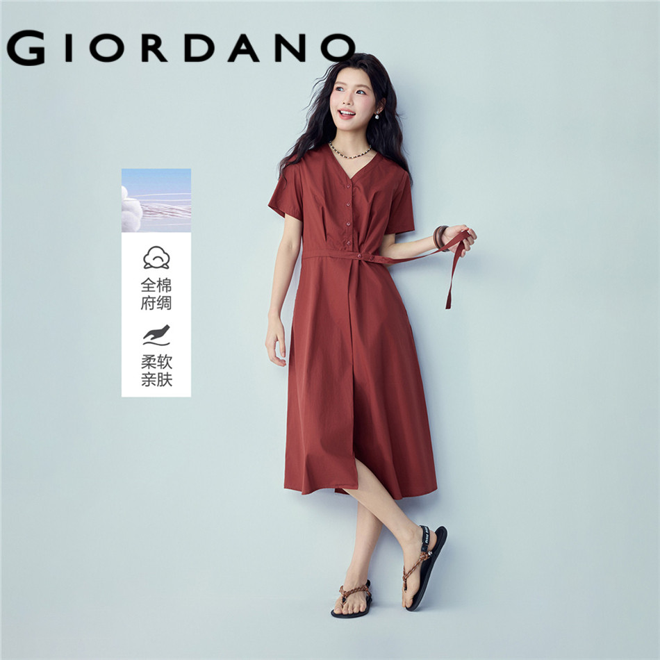 GIORDANO Women váy midi thắt lưng cổ V xếp ly chất liệu cotton 05466081