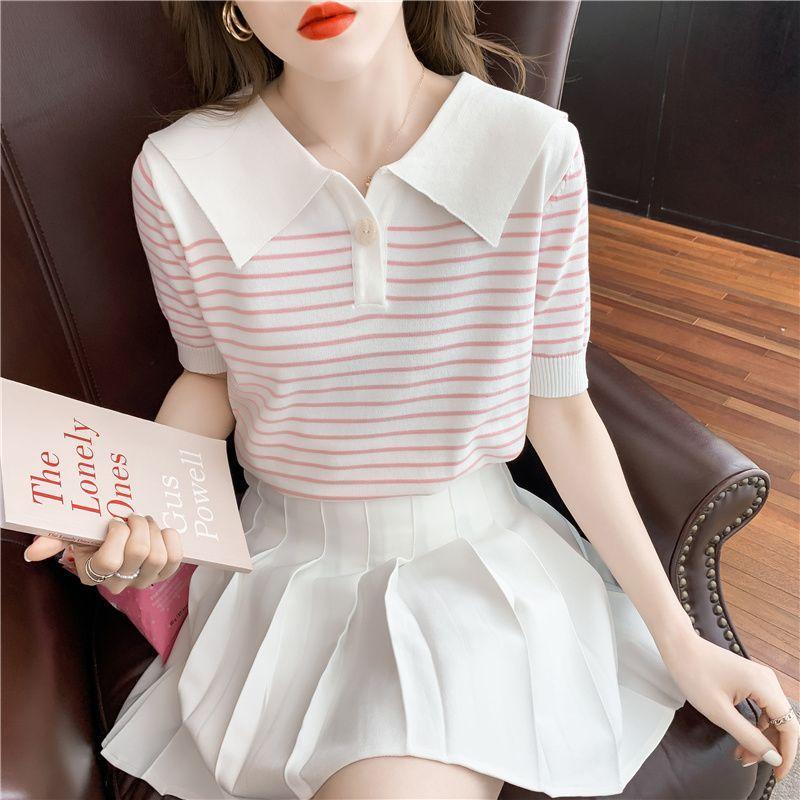 [Thời gian có hạn Seckill] Áo thun ngắn tay bằng lụa băng nữ mùa hè phong cách hải quân polo ve áo len sọc thiết kế rộng rãi Niche Top