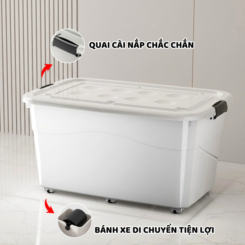 Hộp Đựng Đồ Dung Tích Lớn ENODA HOME, Thùng Nhựa Loại To 135L Đựng Chăn Màn, Quần Áo, Có Nắp, Bánh Xe Q010
