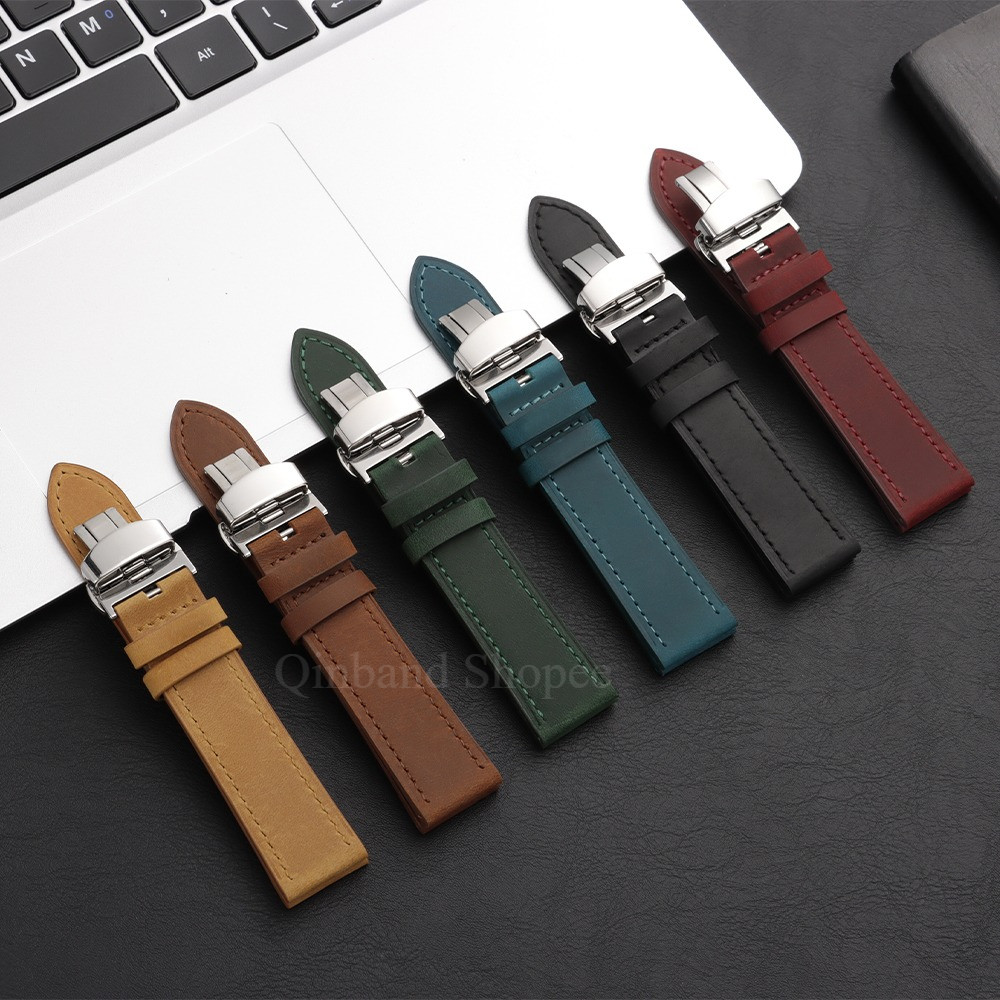 Dây đeo đồng hồ bằng da thật 18 / 20 / 22 / 24mm Vintage Retro Crazy Horse Butterfly Clasp Watchband Matte Thay thế dây đeo cổ tay cho nam nữ