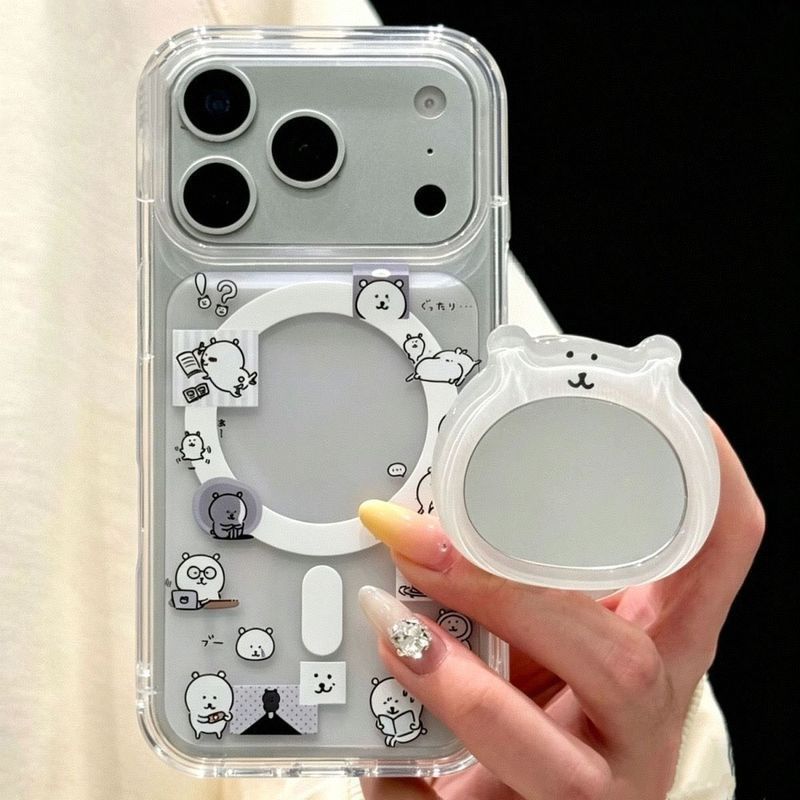 Gương trang điểm hình gấu tự mài đầu lớn Giá đỡ từ tính Thích hợp cho Apple 17promax16 Vỏ từ tính 15 Vỏ bảo vệ trong suốt