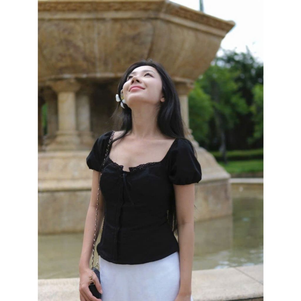 Áo babydoll nữ kiểu Linen tay phồng nơ ngực công chúa phong cách Ma380 - SamHi Closet