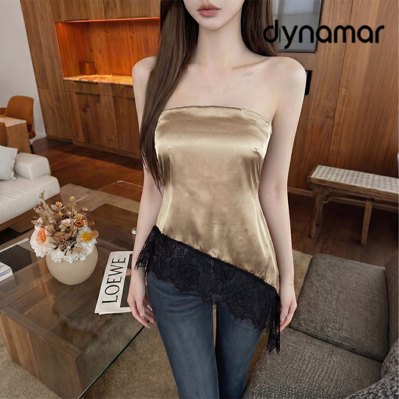 【dynamar】HÀNG CÓ SẴN-Áo trễ vai phối ren đen bất đối xứng dành cho nữ - Phong cách và thời thượng, không có mút độn.