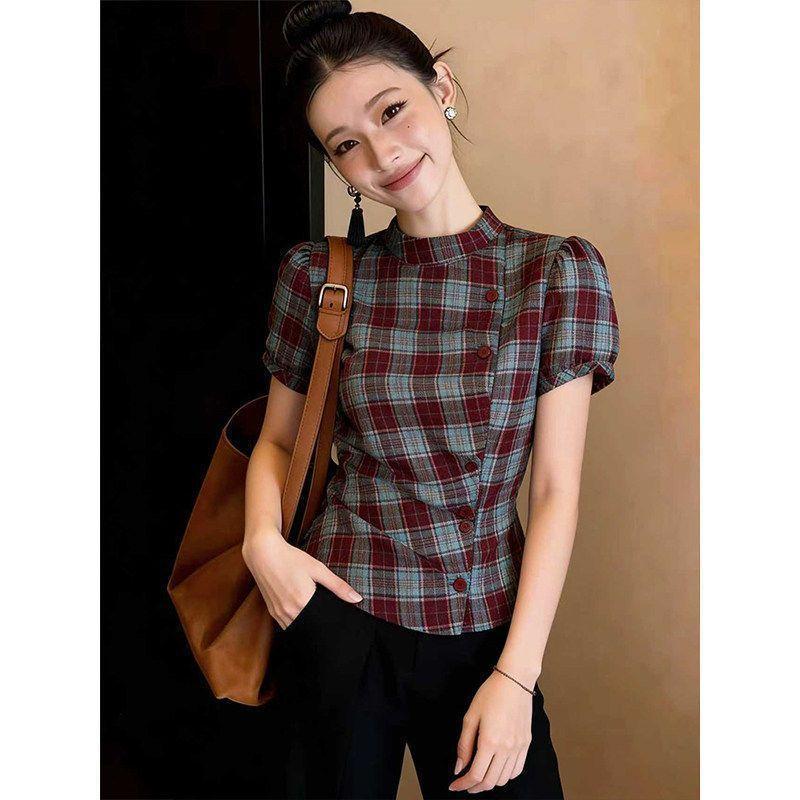[Hàng mới về] Mùa hè Retro Hot Girl Kẻ Sọc Puff Áo thun ngắn tay dành cho nữ xếp li không đều dáng rộng hẹp thon gọn hơn