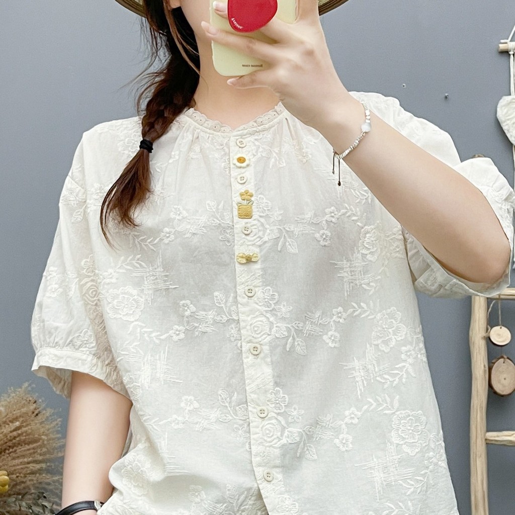 [Sẵn Sàng] Áo Sơ Mi Nữ Sợi Cotton Thêu Hoa Hồng Ba Chiều Chậu Áo Sơ Mi Trắng