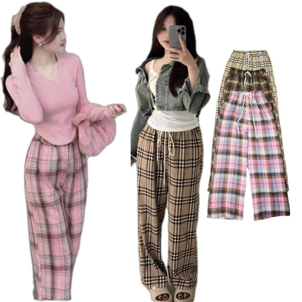 Quần Kẻ Caro dáng suông ống rộng, chất thô mềm dày dặn Hot Trend