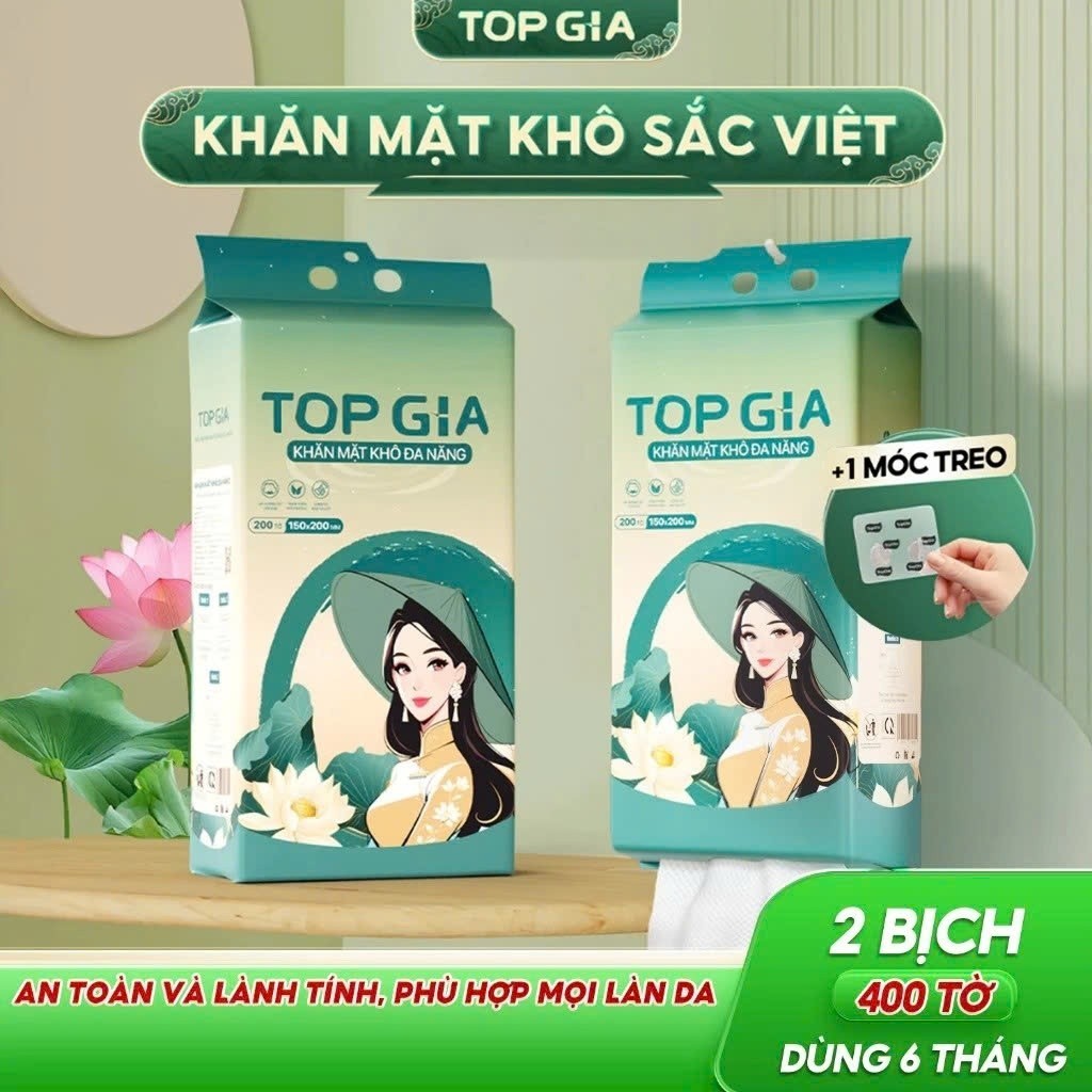 Khăn vải khô đa năng Top Gia, bịch 200 tờ Sắc Việt rút treo tường an toàn cho da tặng móc treo