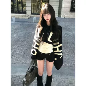 Áo len chui đầu nữ thiết kế ngắn chữ jacquard, tay dài, phù hợp mùa xuân