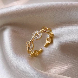 Nhẫn giàu có dành cho nữ - Liên kết đồng xu mạ vàng - khảm Micro-Zircon - Vòng bít mở có thể điều chỉnh - Biểu tượng thịnh vượng - Văn phòng hàng ngày sang trọng