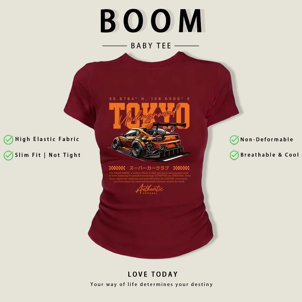 BOOM Áo Baby Tee Nữ Cotton Ôm Body-Áo Thun Ngắn Tay Y2K In Hình PhongCách Mùa Hè, Cổ Tròn Hàng Đầucách hàn quốc phongE34