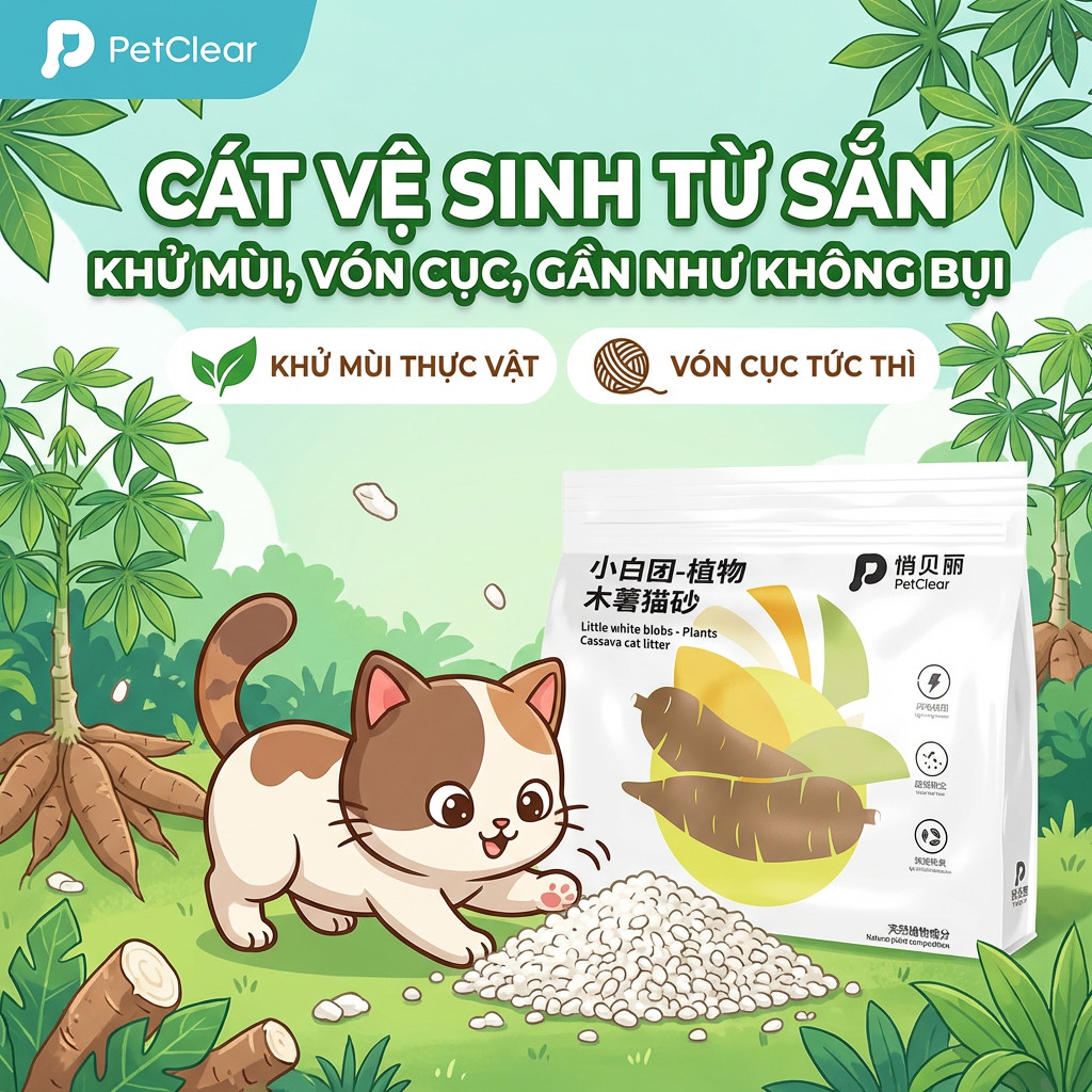 Petclear Natural Cat Litter 2.5kg – sắn & đậu phụ gốc thực vật, columping mạnh, bụi thấp, chống mùi, dễ múc