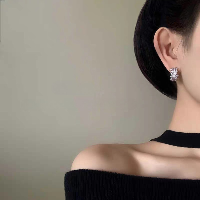 Bông Tai Hình Chữ C Kim Cương Và Bạc, Phong Cách Tối Giản, Phù Hợp Đeo Hàng Ngày