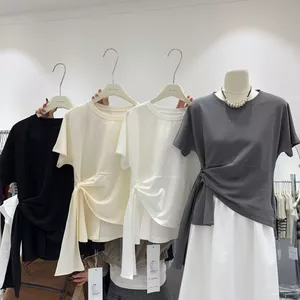 Cotton nguyên chất Hợp thời trang Thiết kế cẩn thận Chữ thập eo hẹp thon gọn hơn Áo thun nữ tay ngắn thời trang hàng đầu phù hợp26042806