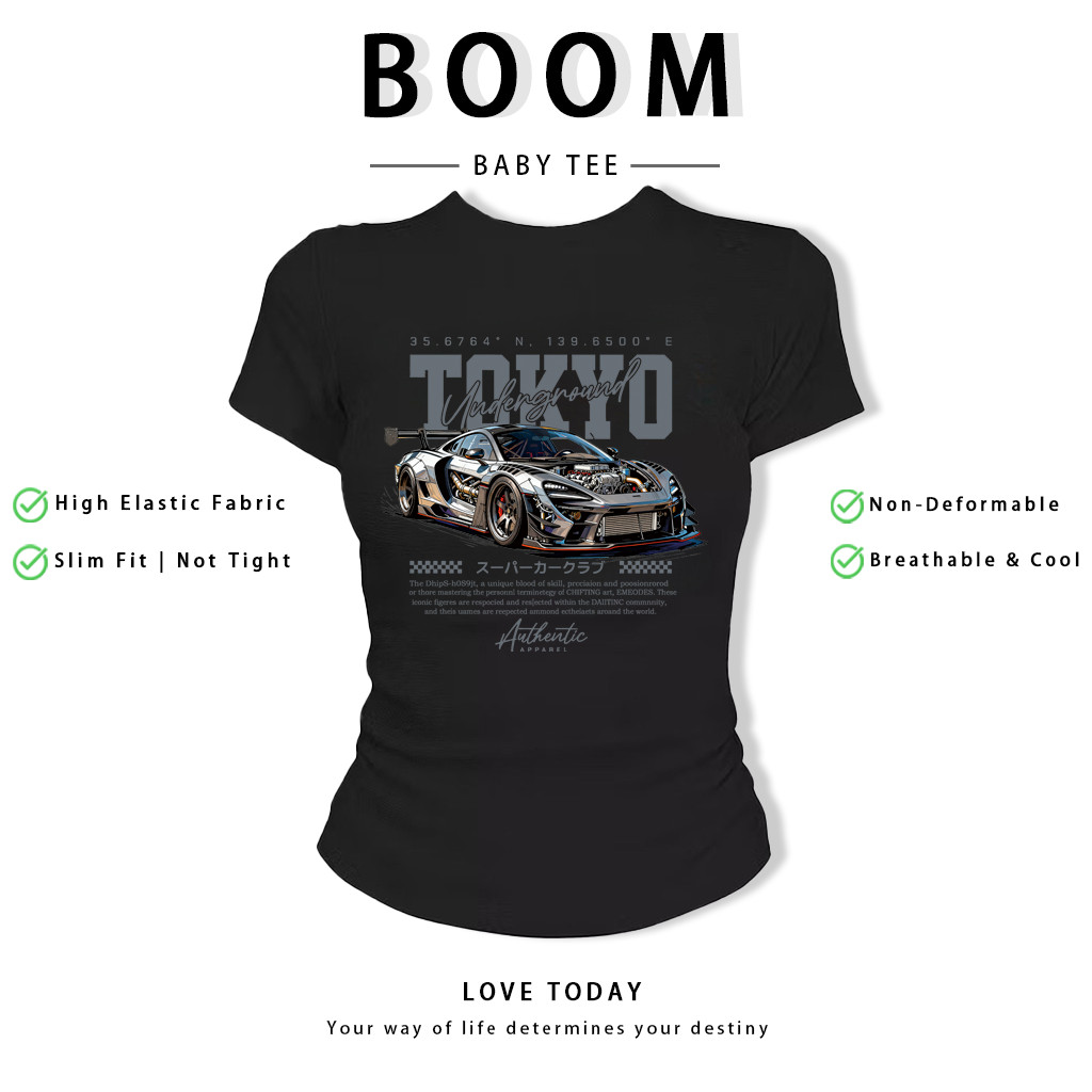 BOOM Áo Baby Tee Nữ Cotton Ôm Body-Áo Thun Ngắn Tay Y2K In Hình PhongCách Mùa Hè, Cổ Tròn Hàng Đầucách hàn quốc phongA65