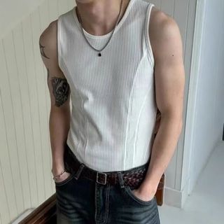 Nam Slim Thread Dọc Sọc Không Tay Áo Thể Thao Mùa Hè Co Giãn Khâu Cổ Tròn