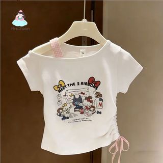 Bộ đồ bé gái Hello Kitty – Áo lệch vai + quần jeans, phong cách Hàn Quốc, dễ thương mùa hè