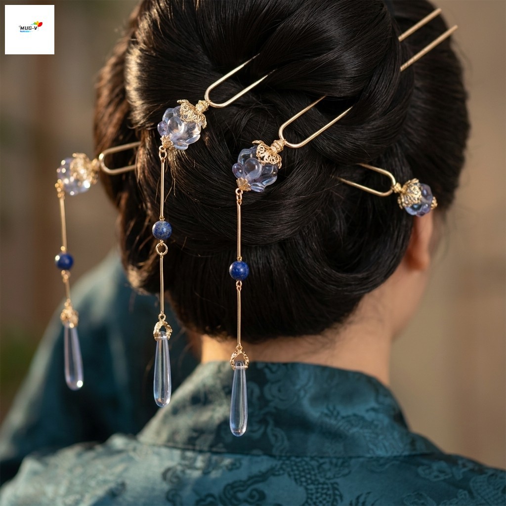 Kẹp tóc hoa hợp kim hình chữ U có tua rua cho đám cưới Hanfu Phong cách Trung Quốc truyền thống