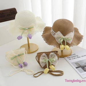 Mũ chống nắng bằng rơm cho bé gái có Túi cói Bộ nơ hoa Tulip viền ren vành rộng Mũ và túi mùa hè đi biển