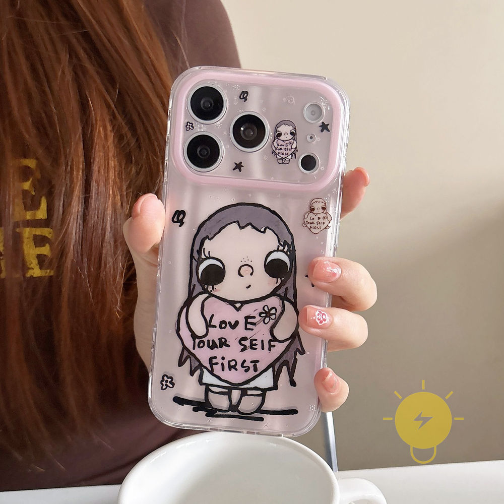 Phone Case For iPhone 17 Pro Max 16 15 TPU Heart Doodle Aesthetic Korean Cute