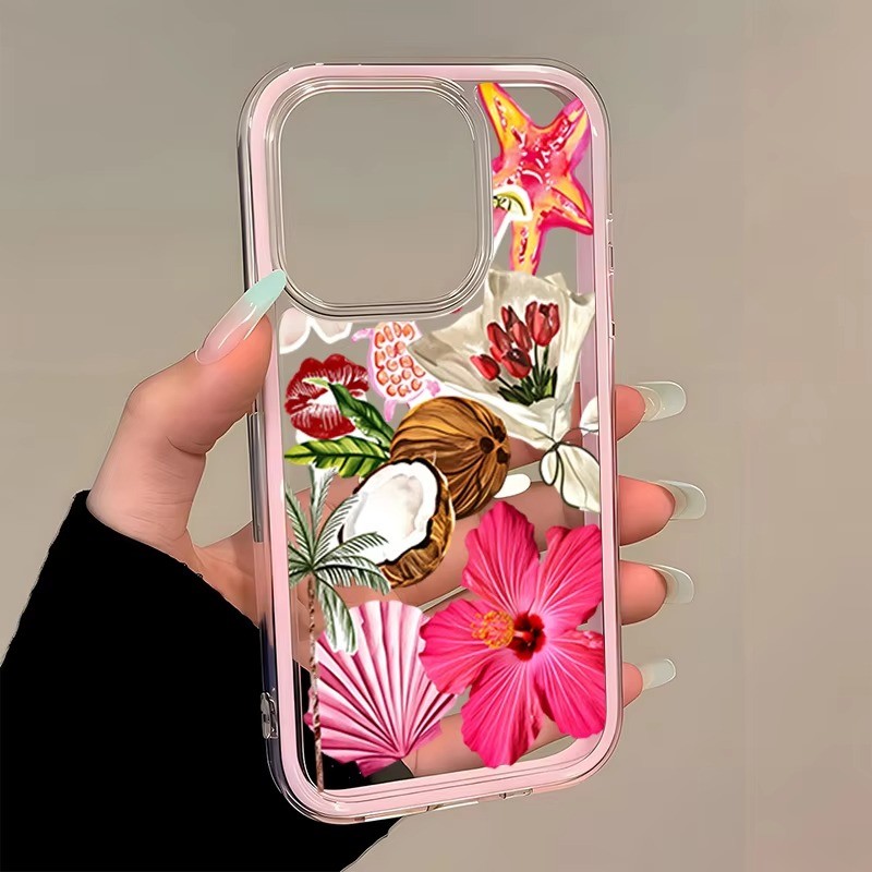 Hoa Nhiệt Đới Dừa Sao Biển TPU Màu Hồng Trong Suốt Ốp Lưng Điện Thoại iPhone 17 16 15 Pro Max 14 13 12 11 Pro 15 Plus Bìa Mềm